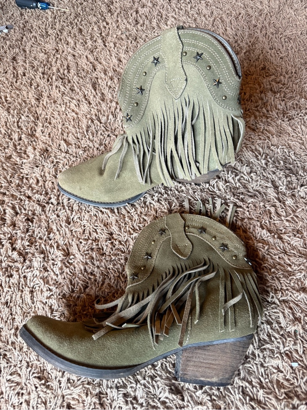 Very Volatile Olive Green Suede Fringe Western Ankle Boots